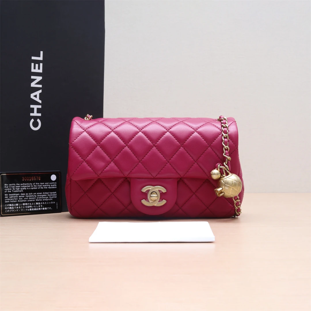 99新 Chanel/香奈儿 小花Jerry P233818394 大Mini 玫红金球 30开