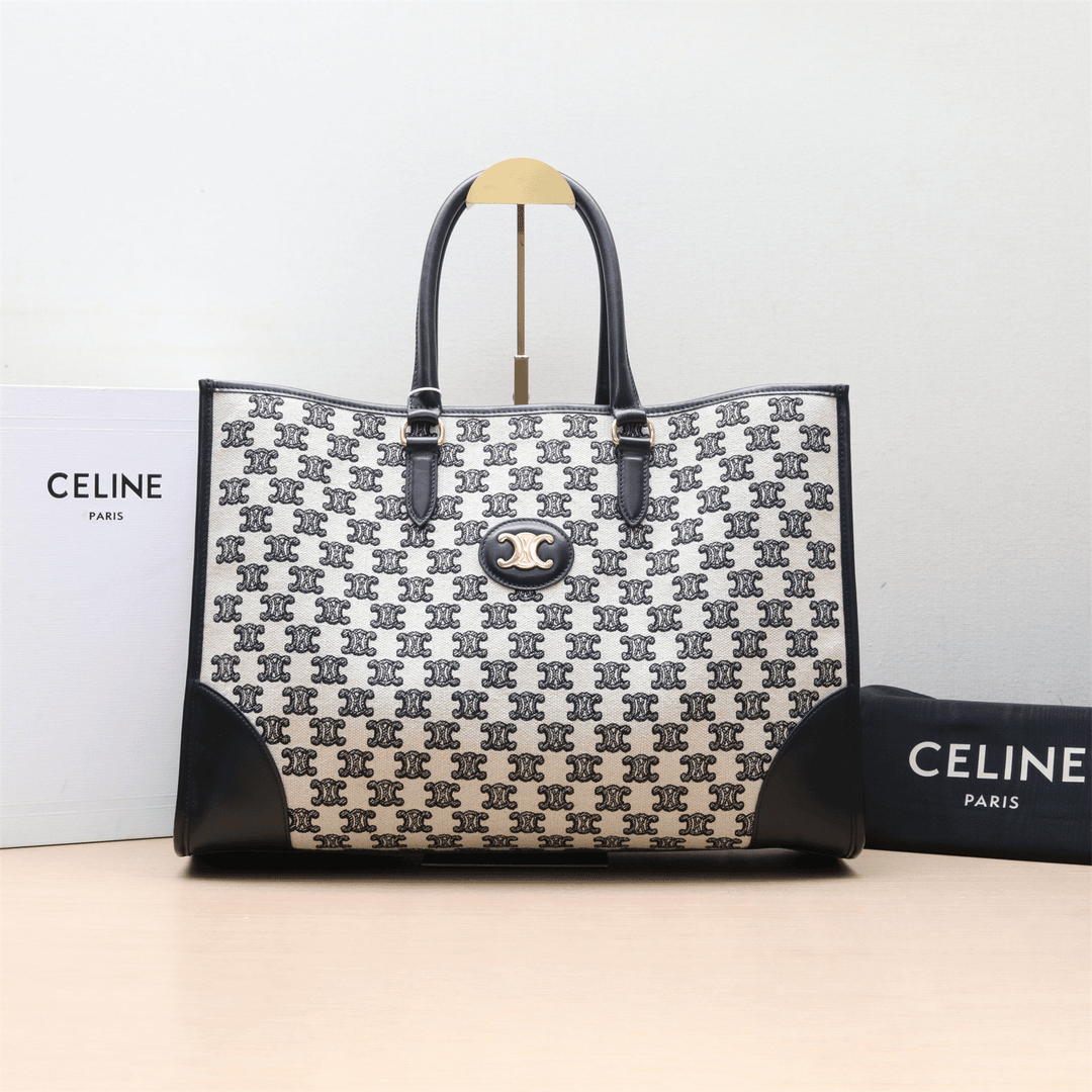 99新 Celine/思琳 小花璐璐cabas 黑色刺绣凯旋门 大号 单肩包