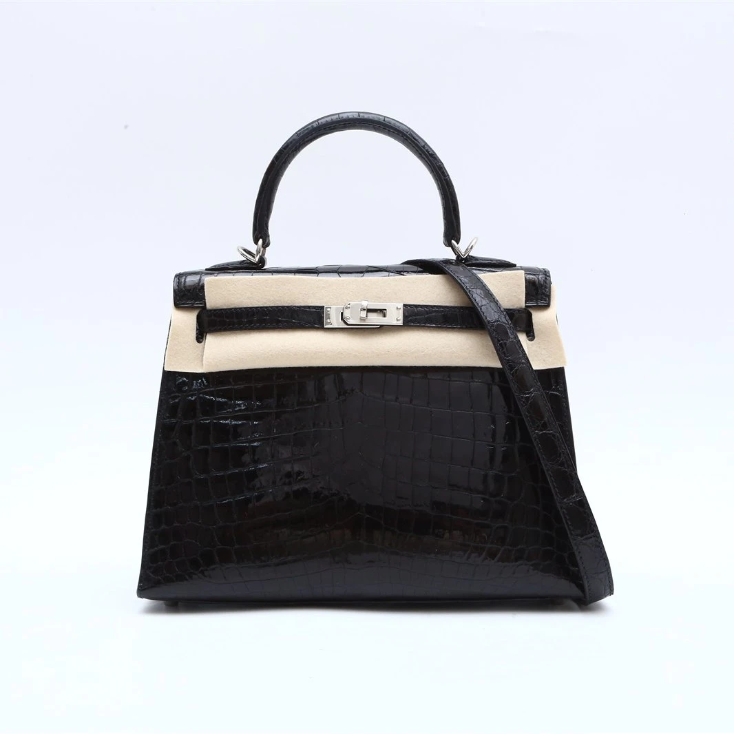 99新 Hermes/爱马仕 小花璐璐P234245094 Kelly25黑色 两点鳄 T刻