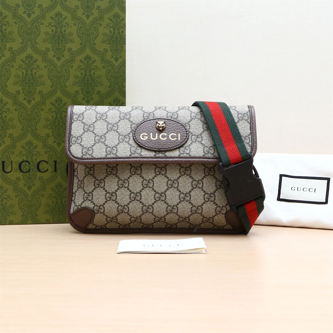99新 GUCCI/古驰 小花柳 Neo Vintage 虎头 腰包 24 乌木色 PVC