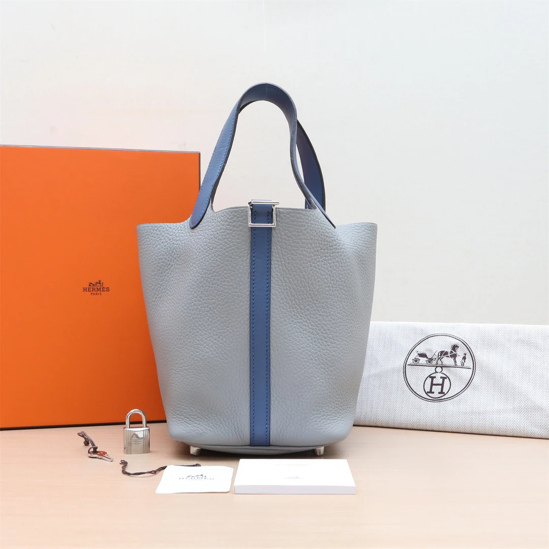 95新 Hermes/爱马仕 小花柳 18 菜篮子 玛瑙蓝拼海鸥灰 TC皮 X刻