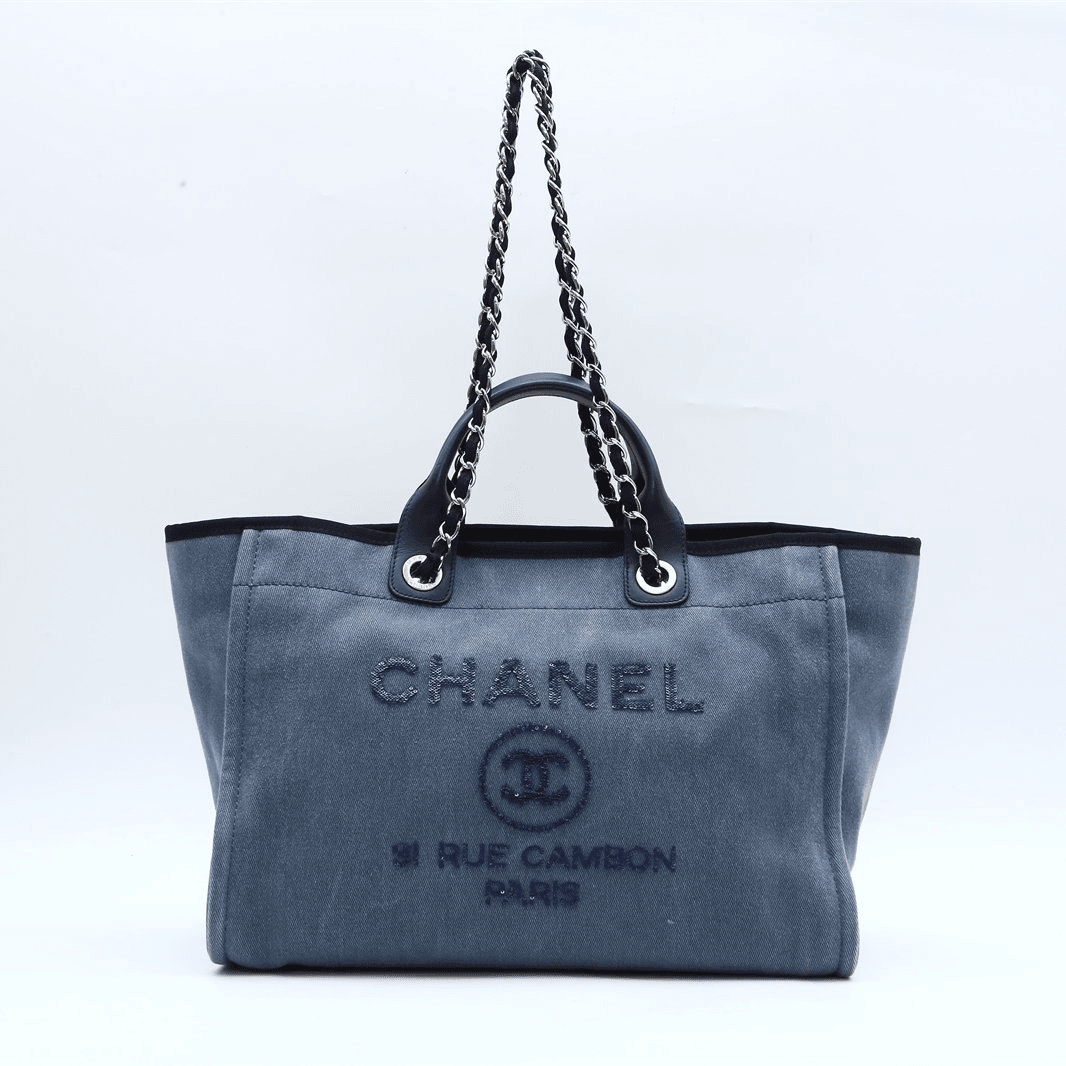 99新 Chanel/香奈儿 小花璐璐P224930261沙滩包 大号 牛仔蓝 23开