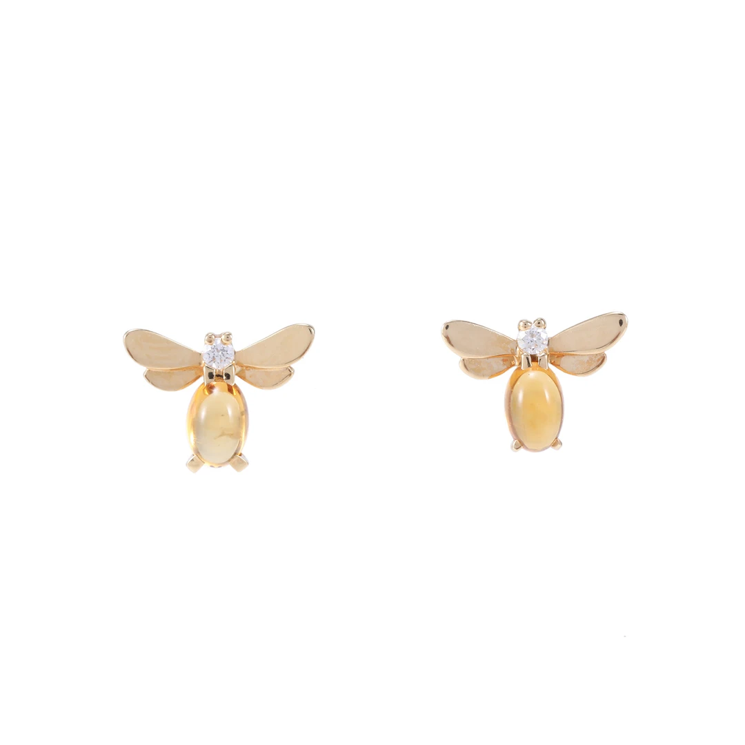 99新 Chaumet/尚美 小花柳 蜜蜂 镶钻 耳钉 18K黄金拼钻石