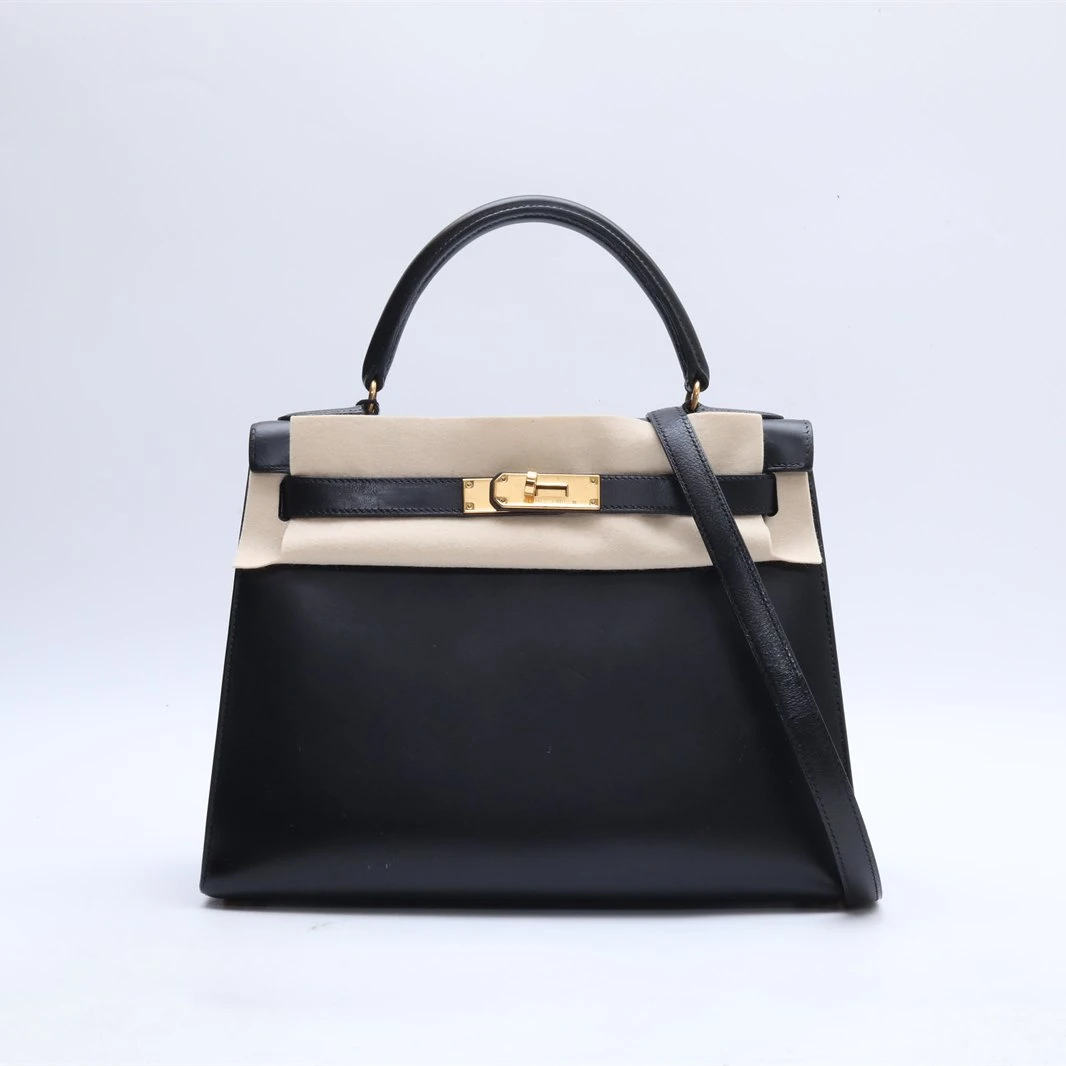 95新 Hermes/爱马仕 小花璐璐758905 Kelly28 89黑 Box皮 圈U 包
