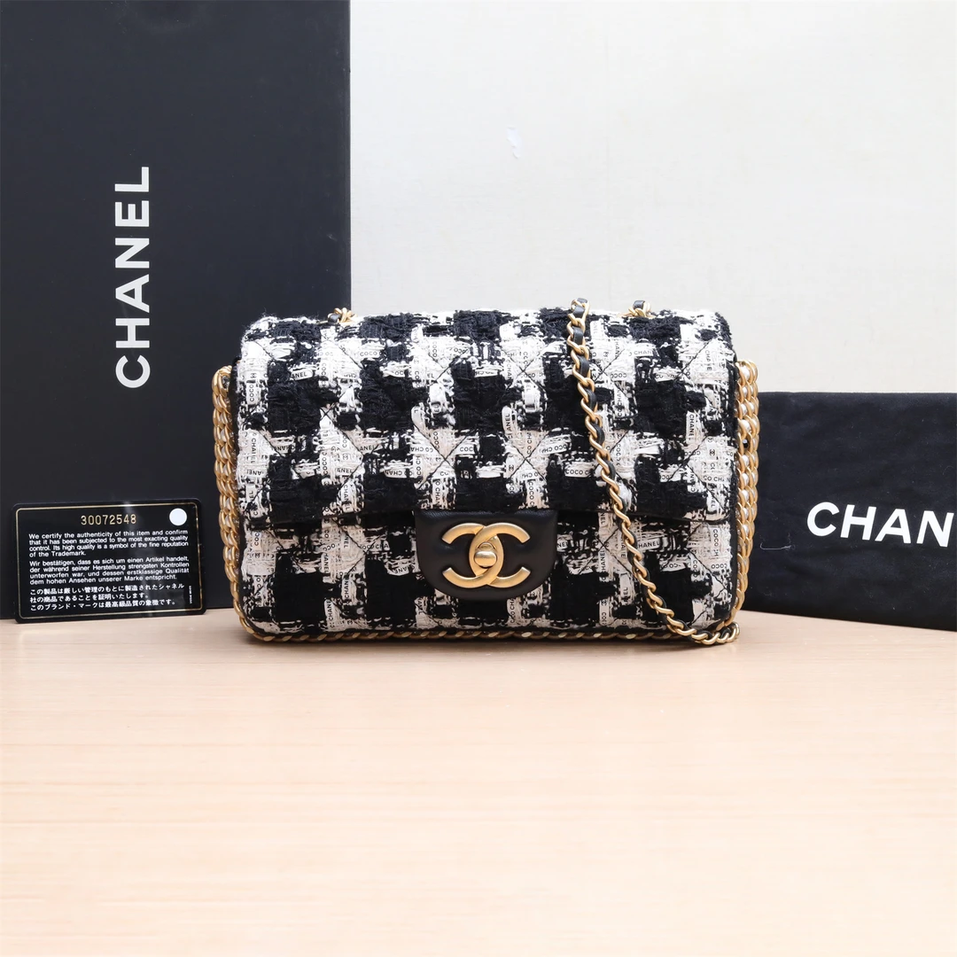 95新 Chanel/香奈儿 小花璐璐865600 口盖包黑白千鸟格毛呢 30开