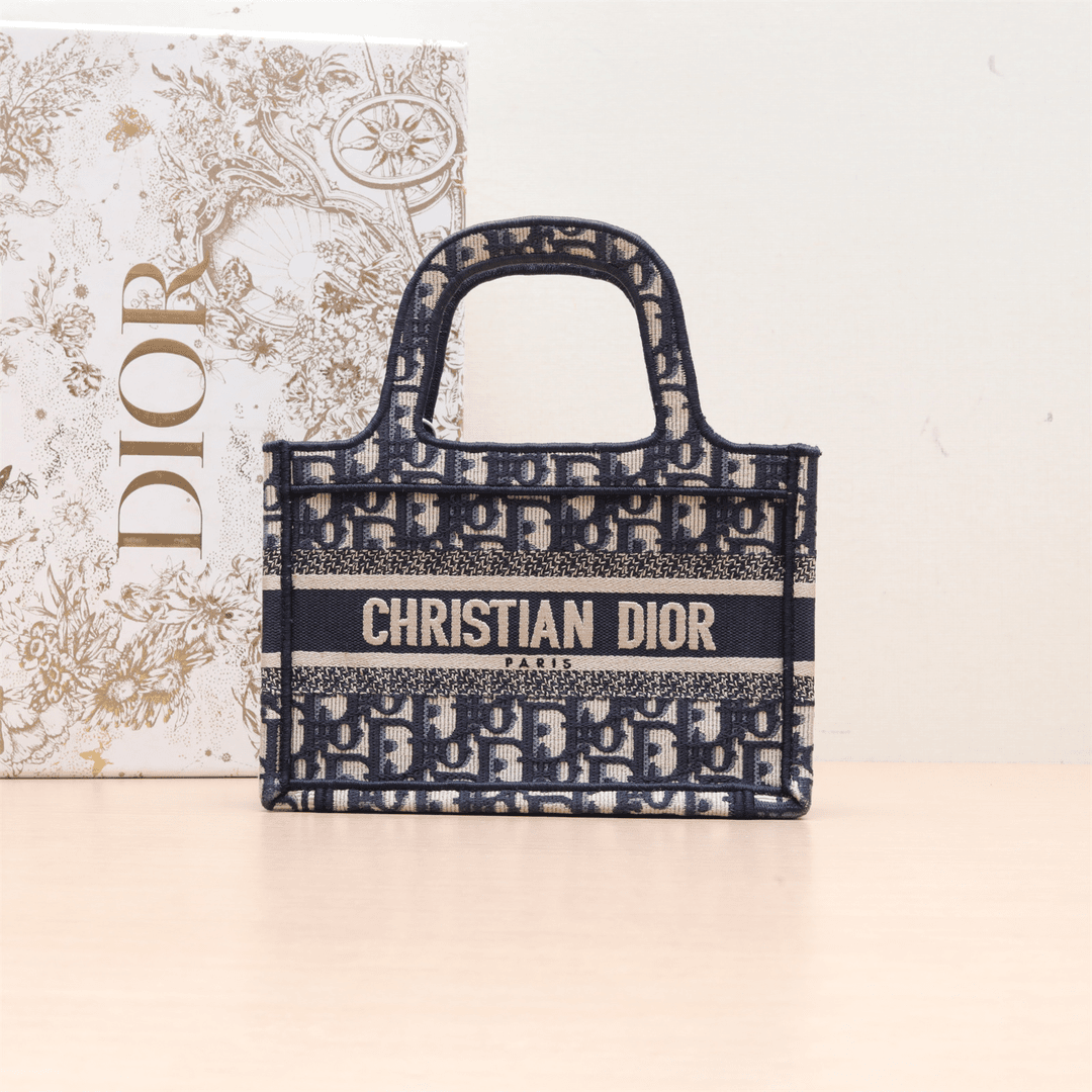 95新 DIOR/迪奥 小花璐璐Book Tote Mini 22.5 Oblique 墨蓝色