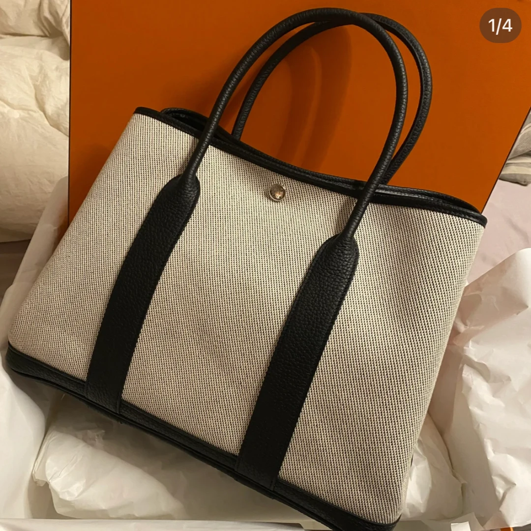 99新 Hermes/爱马仕 小花Jerry 花园包 36 黑色拼米色 B刻 帆布