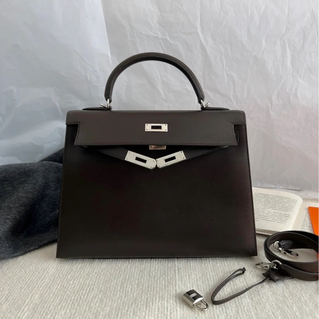 95新 Hermes/爱马仕 小花Jerry  Kelly 28乌木色 框J 银扣 手提包