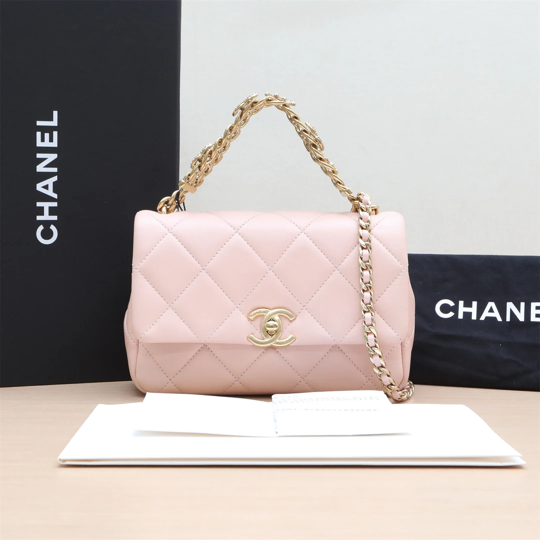 95新 Chanel/香奈儿 小花柳 24C 口盖包 手柄 粉色 芯片开 金扣