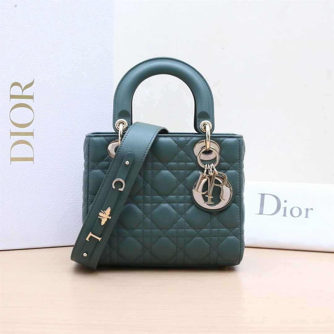 99新 DIOR/迪奥 小花柳Lady Dior 戴妃包 四格 墨绿色 2019