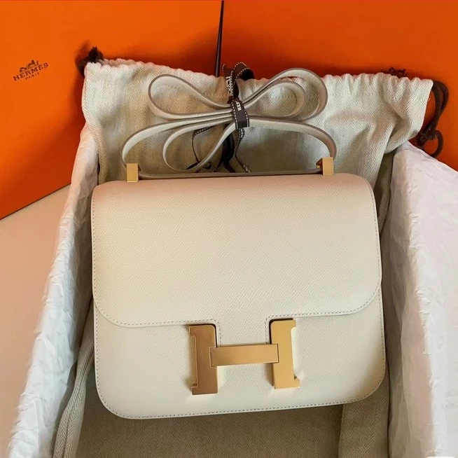99新 Hermes/爱马仕 小花柳 康康 24 奶昔白 Epsom皮 Y刻 金扣