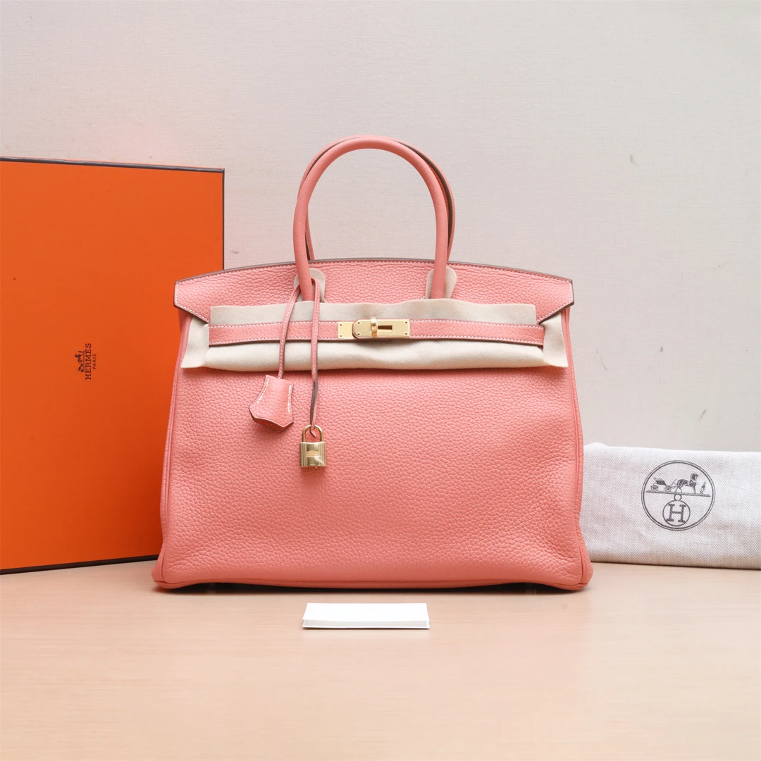 95新 Hermes/爱马仕 小花Jerry Birkin 35 龙虾粉 Togo皮 框Q包