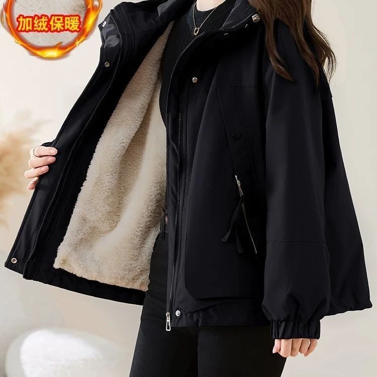 加绒加厚短款派克服棉服女2024冬季新款宽松连帽休闲工装棉衣外套