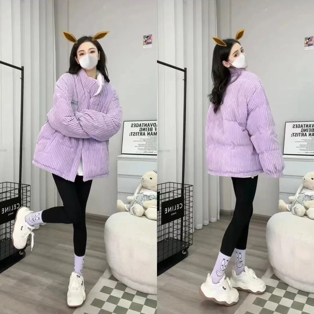 加绒加厚棉服外套女2024秋冬新款两面穿刺绣休闲百搭宽松面包服潮