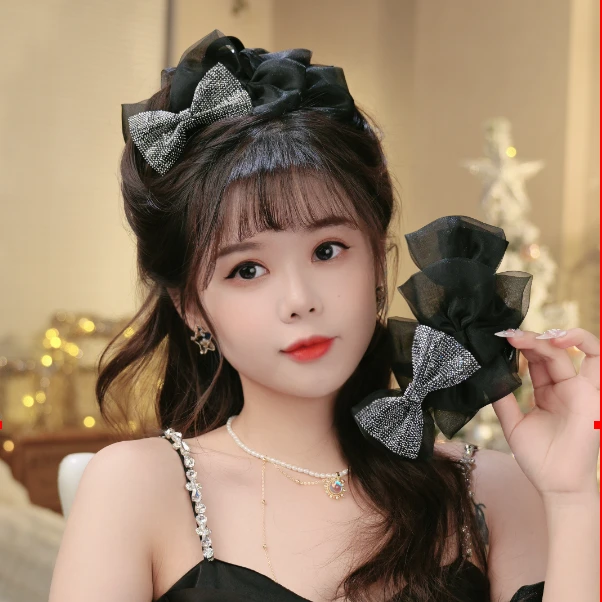 （时针）F3823黑色蝴蝶结抓夹女后脑勺盘发鲨鱼夹增高颅顶发夹头饰