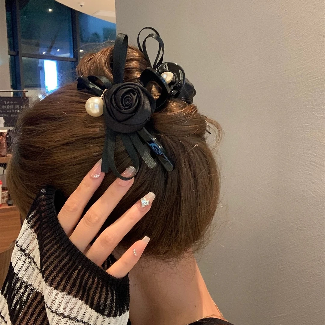 （双生花）F3634双面玫瑰花小香风气质发夹黑色百搭网红发夹头饰女