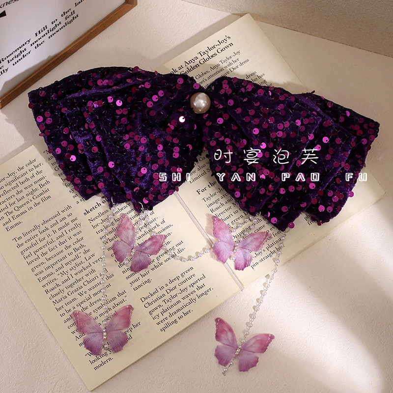 炫彩蝴蝶冬季新款流苏蝴蝶亮片弹簧夹复古法式一字夹百搭新年发饰