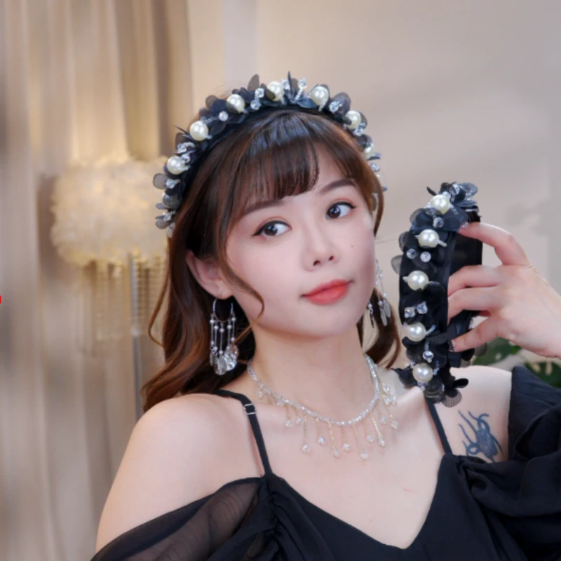 （蝴蝶珠珠）薄纱珠珠发箍宽边遮发缝头箍防滑牙齿懒人神器发饰头饰