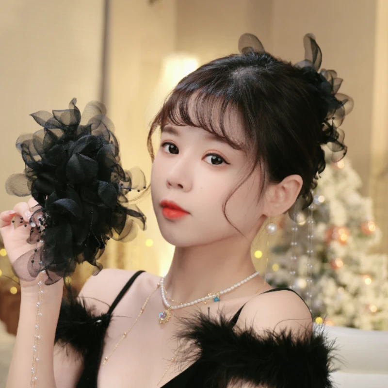(黑天鹅纱)F3426无羽毛原创气质立体感黑色ins重工网纱花朵抓夹