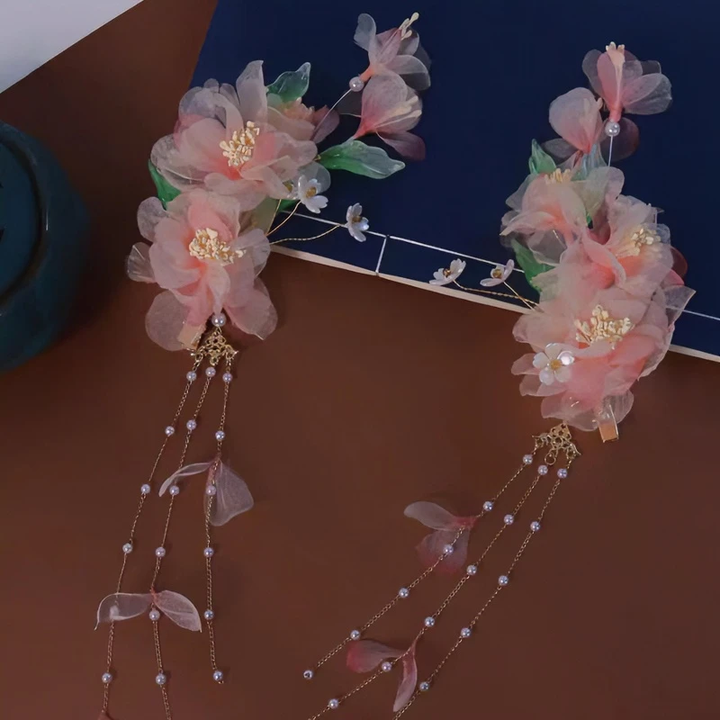 (春雨海棠）F304手工发夹古风汉服旗袍国风新中式边夹烫花头饰发饰