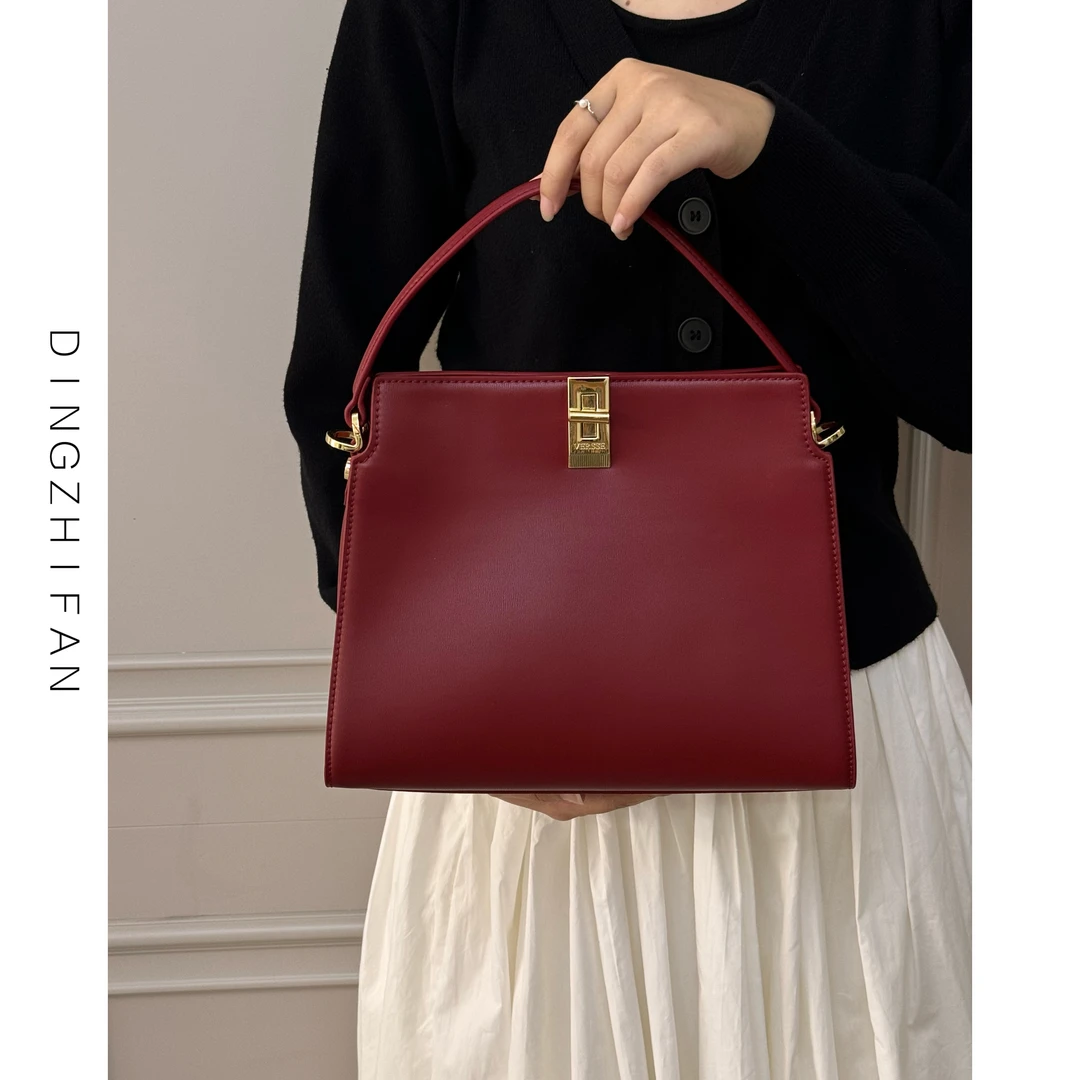 定制范 真皮锁扣凯莉包包女高级感酒红色结婚新娘手提单肩斜挎包