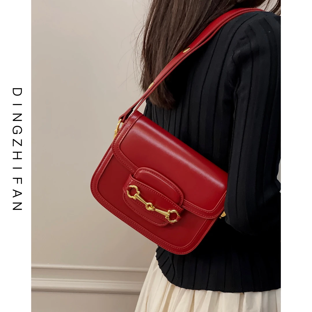 DINGHZIFAN 定制范/轻奢高级感马鞍包红色包包小方包百搭斜挎包
