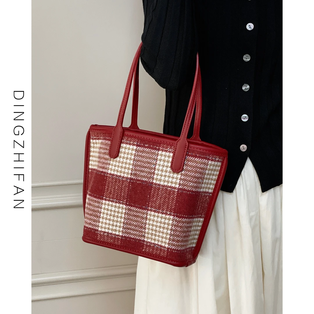 【闺蜜礼物】DINGHZIFAN定制范/小众红色复古千鸟格结婚手提新娘包