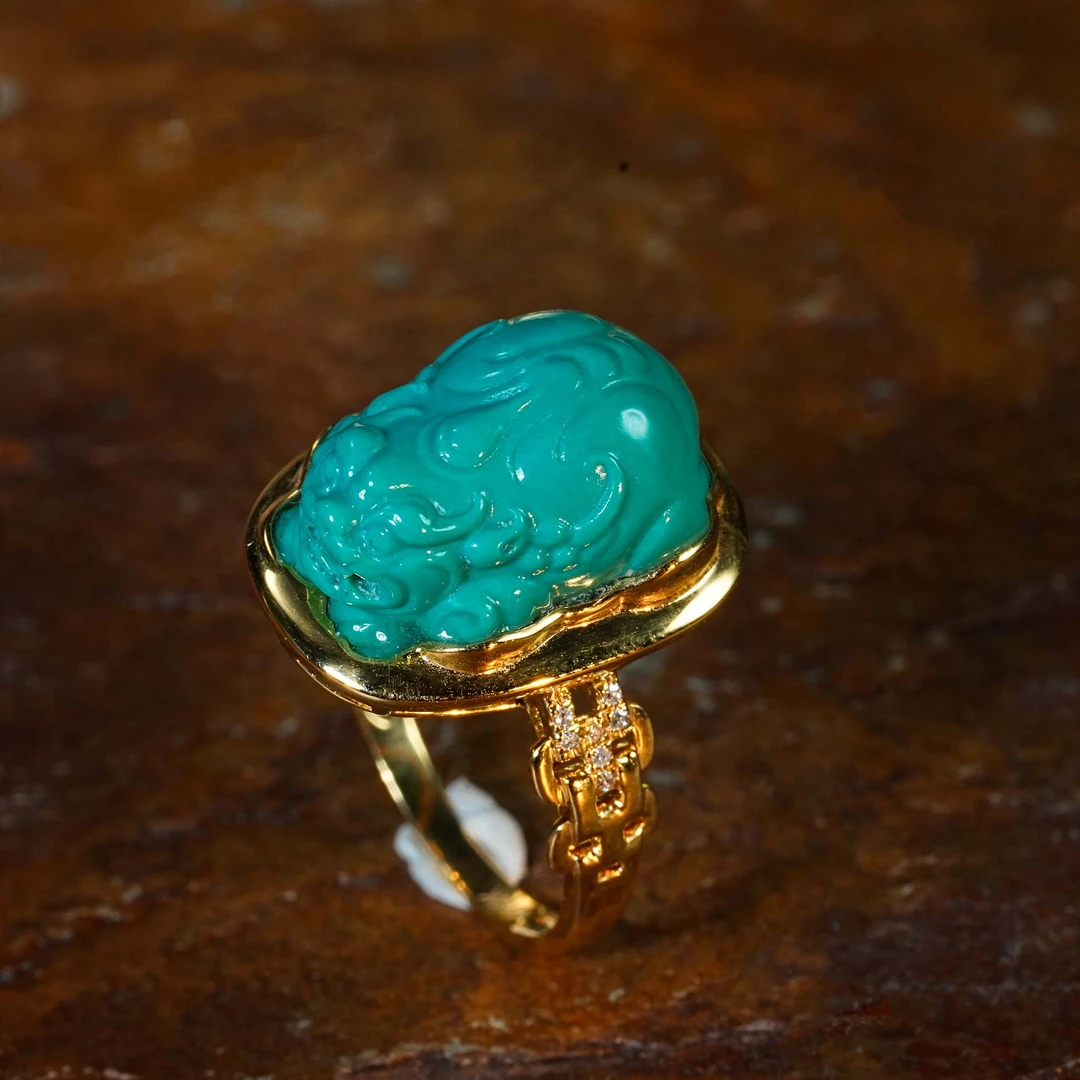 【婧婧精选】原矿绿松K金戒指貔貅