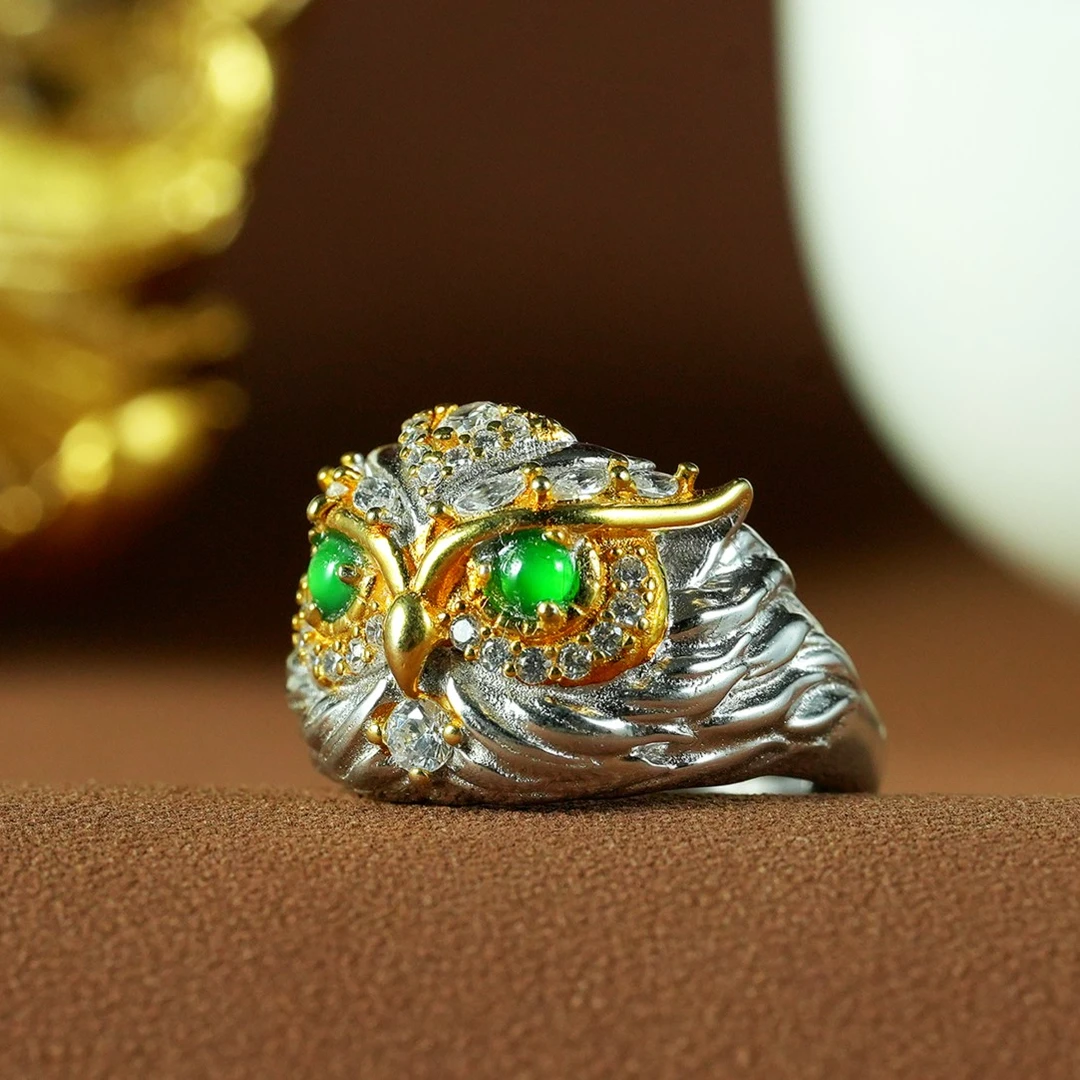 【婧婧精选】 翡翠猫头鹰戒指 开口可调节 时尚高级