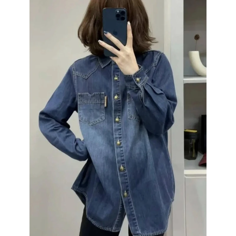 【保暖百搭】显瘦牛仔衬衫女秋冬宽松内搭百搭叠穿上衣休闲蓝色衬衣