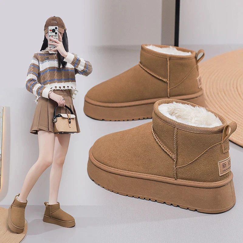 【新百伦正品】雪地靴厚底冬季保暖女鞋皮毛一体短筒加绒加厚棉鞋女