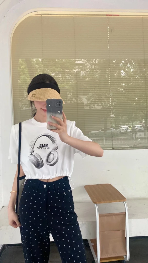 YHL定制2024夏季新垫肩耳机抽绳短袖T恤设计感宽松休闲上衣百搭女