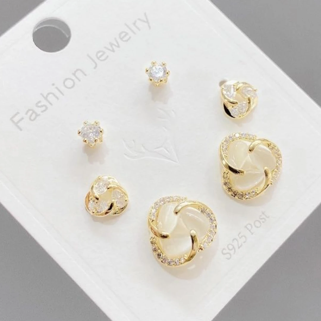 铜合金合成锆石耳饰 三件套小耳钉金色【187】