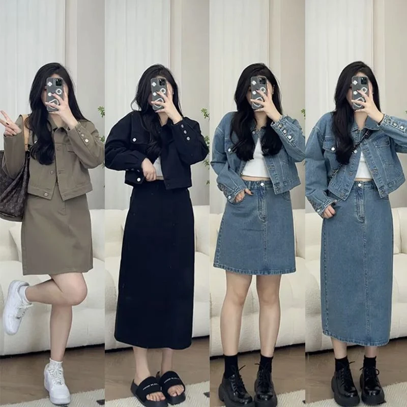 新品宣宣大码女装炸街港风牛仔套装裙秋季上衣半裙复古外套御姐两