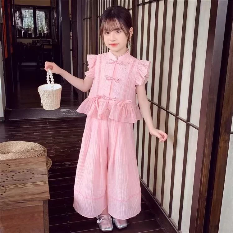 女童新中式时尚阔腿裤套装小女孩夏装2024新款洋气儿童休闲一整套
