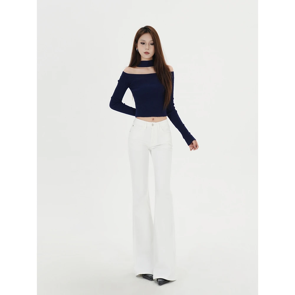 IFMR•小雪•2025新款微喇叭裤子女春夏季白色中腰修身直筒显瘦长裤