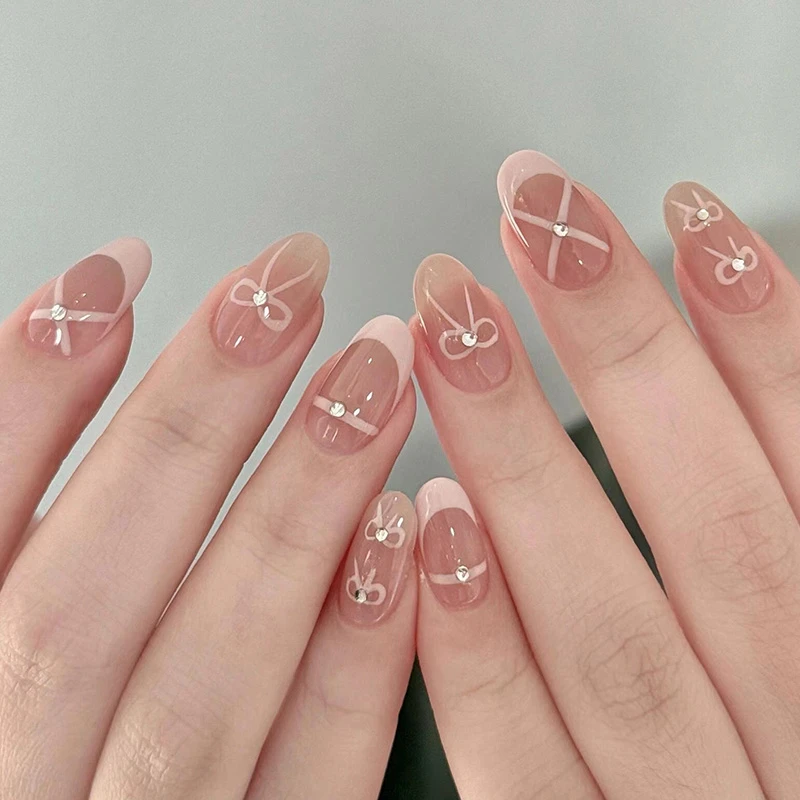 芭蕾舞鞋穿戴甲法式皮粉温柔蝴蝶结仙女辣妹夏日美甲显白短杏仁