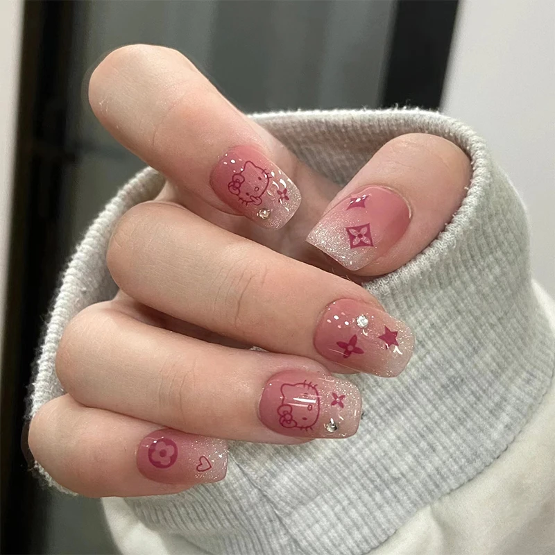 卡通KT猫腮红穿戴甲渐变粉晕染多巴胺学生爆款高级猫眼甜酷可拆卸