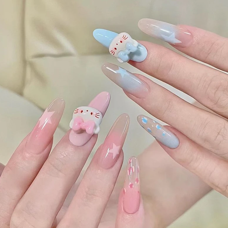粉蓝小奶猫KT穿戴甲马卡龙可爱学生卡通美甲半手工甜酷长款指甲
