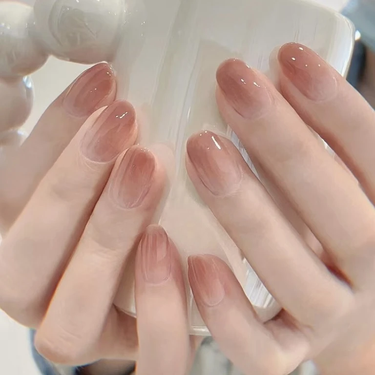 半糖玫瑰豆沙嬛嬛穿戴甲冰透温柔果冻感渐变美甲椭圆高级感简约