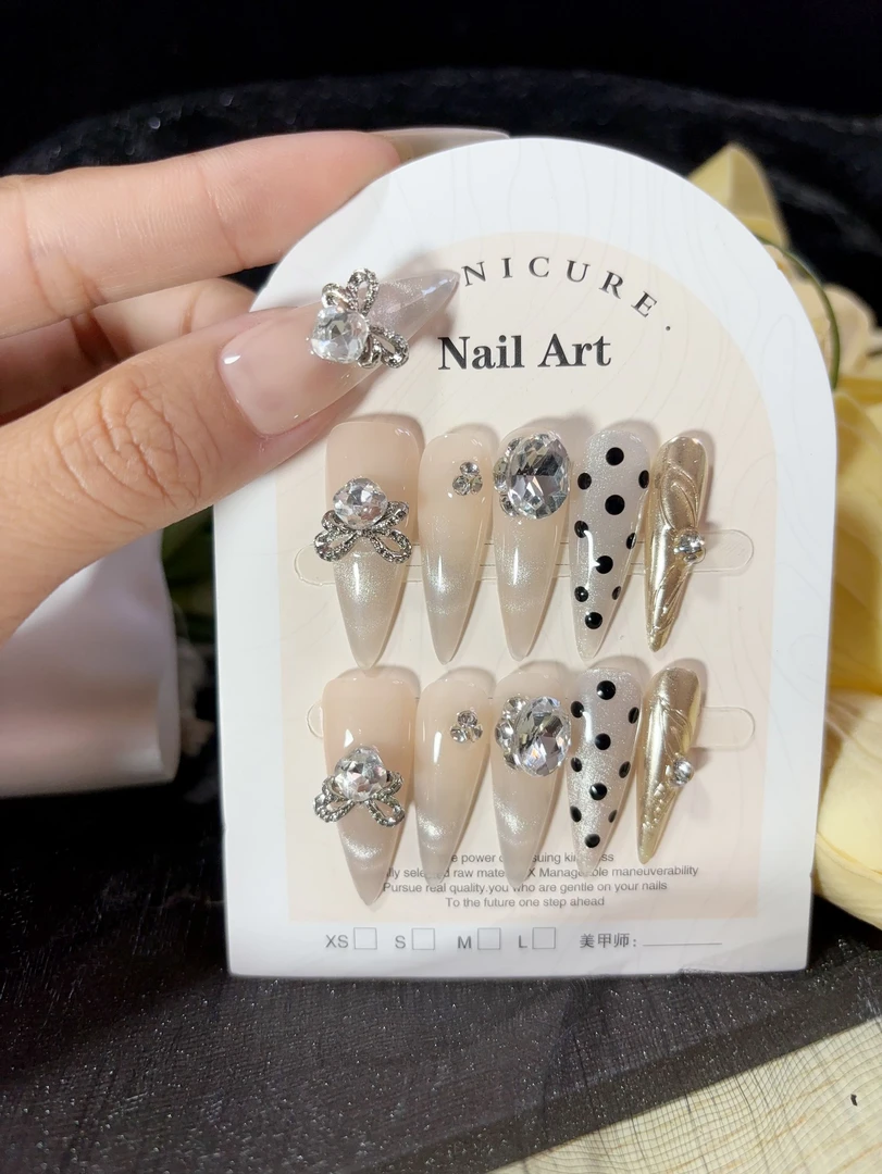 【抚琴】纯手工穿戴甲指尖长尖猫眼波点穿戴甲高级感