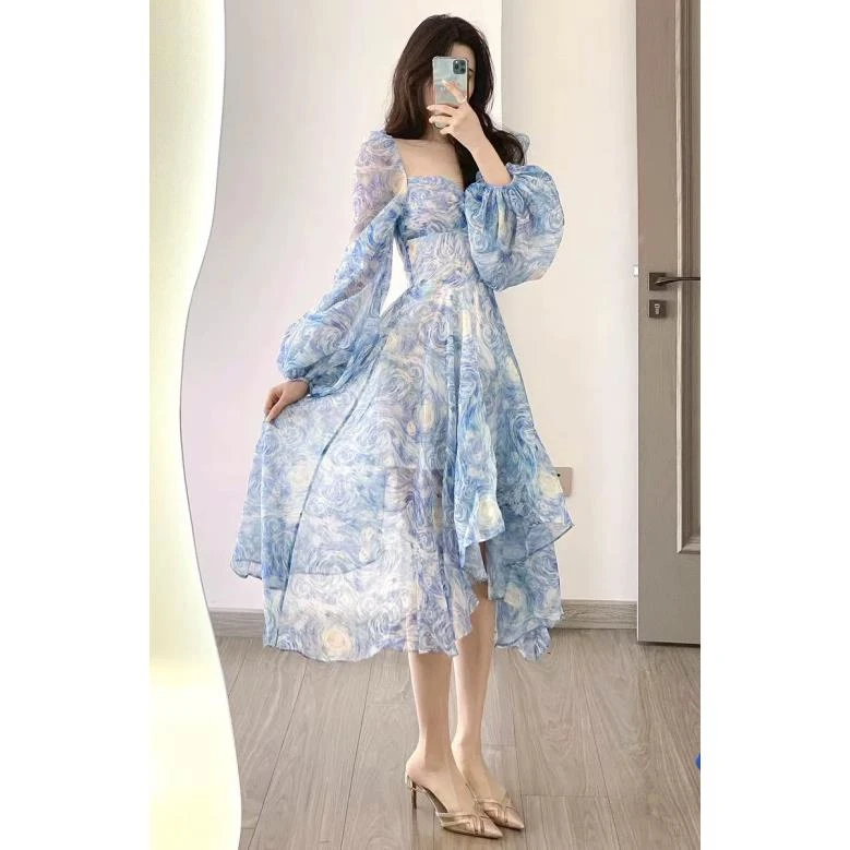 梵高星空连衣裙名画公主方领连衣裙裙子显瘦碎花气质夏季蓝色法式