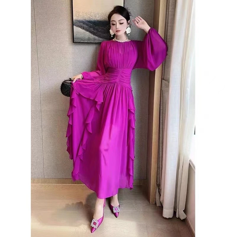 木耳荷叶边元素假吊带修身长款连衣裙秋季裙子气质轻奢女神法式