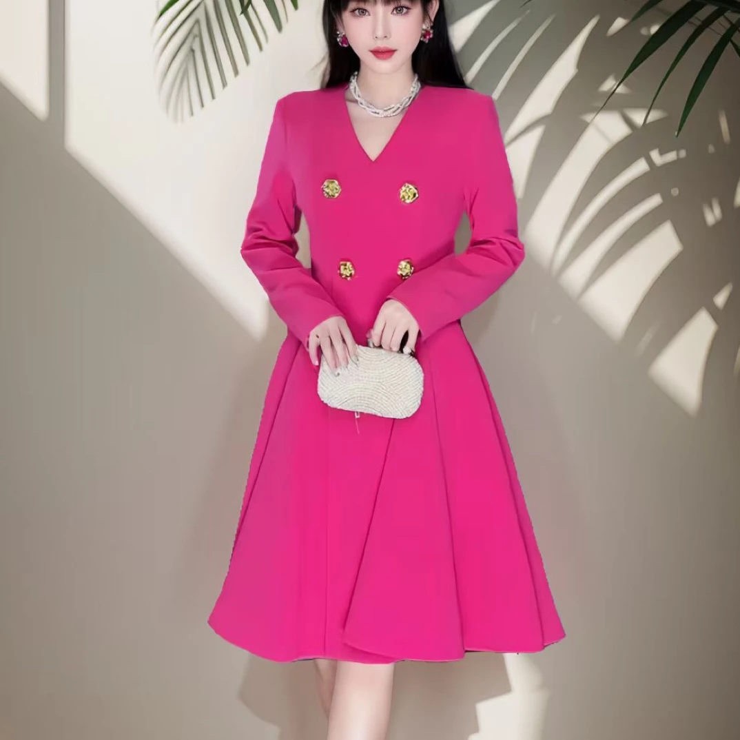 气质连衣裙修身显瘦长袖设计师气质收腰大摆轻奢名媛网红秋冬时尚