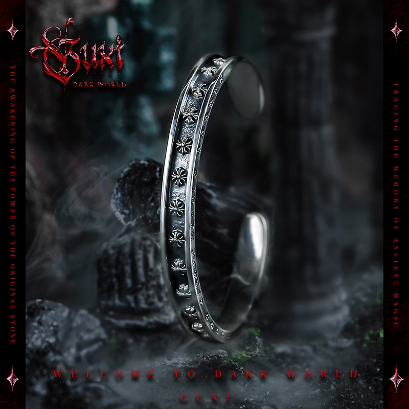 GUXI/古西 925银手镯 【冷觉】暗黑风十字架手环男开口饰品个性小众