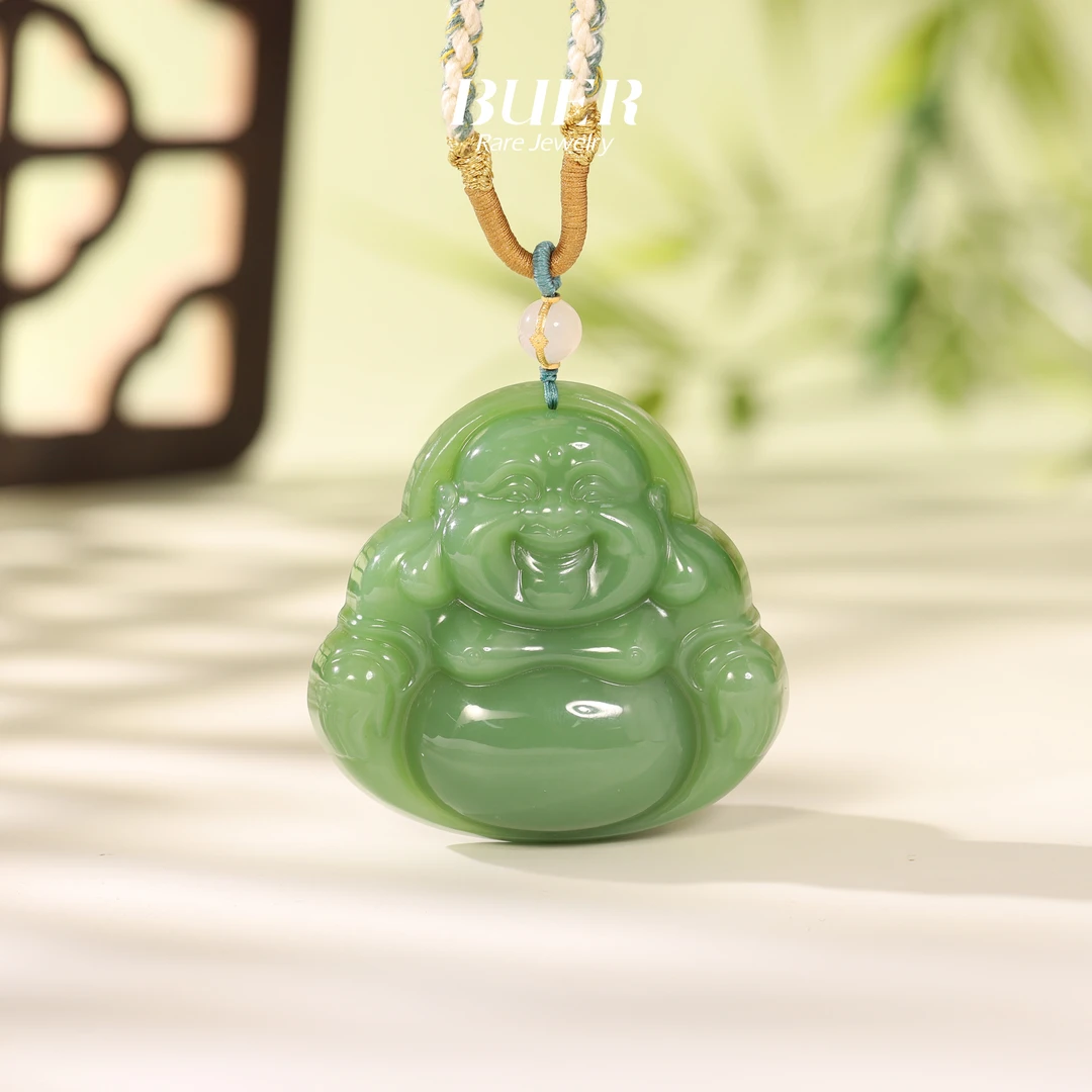【不二】和田玉碧玉18K金吊坠带编绳大佛公