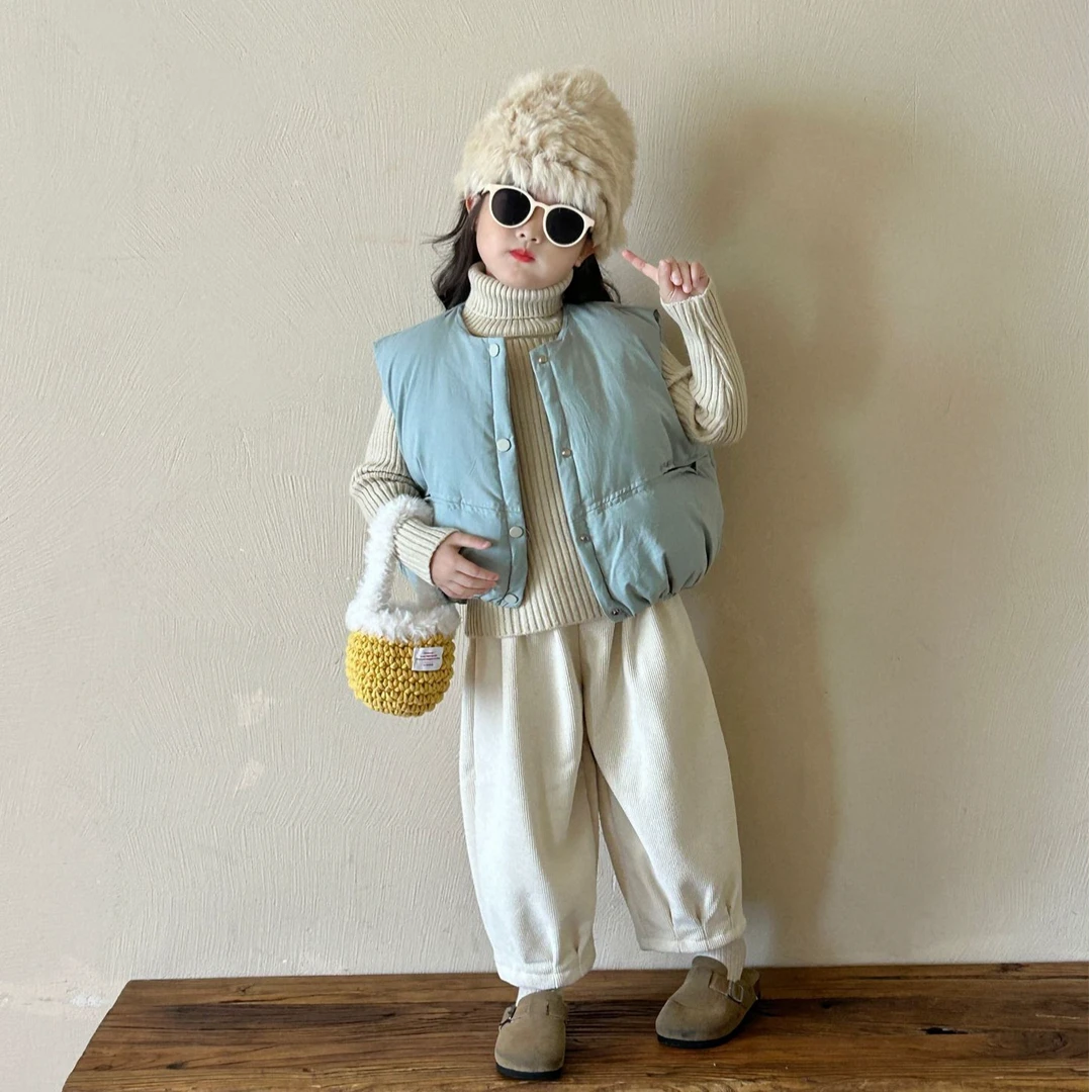 空空子.Studio【面包厚马甲】女童2024冬季灯芯绒裤高领毛衣套装