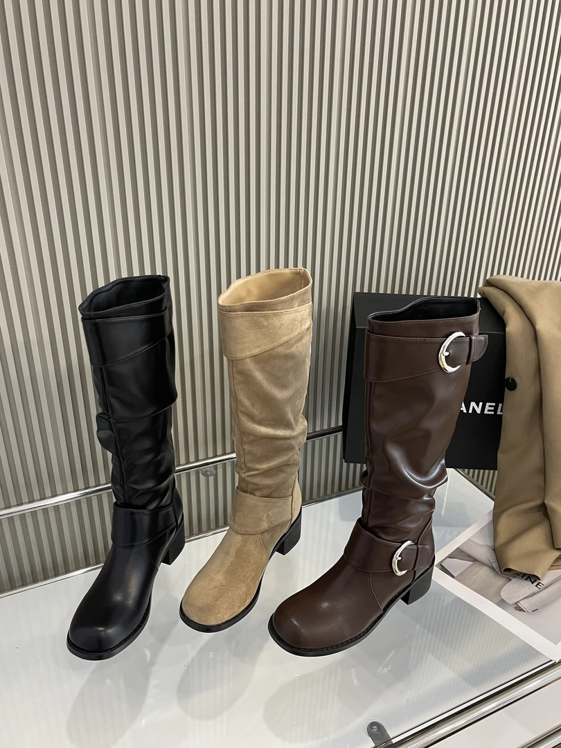 【茶茶】2024秋冬新款韩系复古长筒靴皮带扣粗跟显瘦圆头骑士靴女