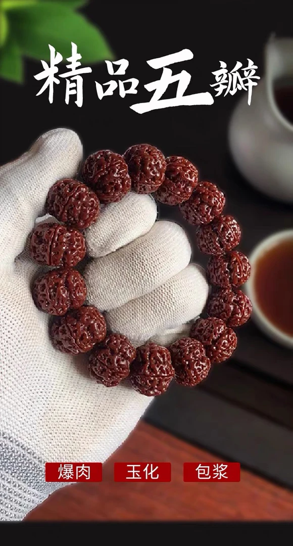 收藏级尼泊尔大金刚菩提子手串盘红刷透已包浆五星蜂窝双龙纹高密