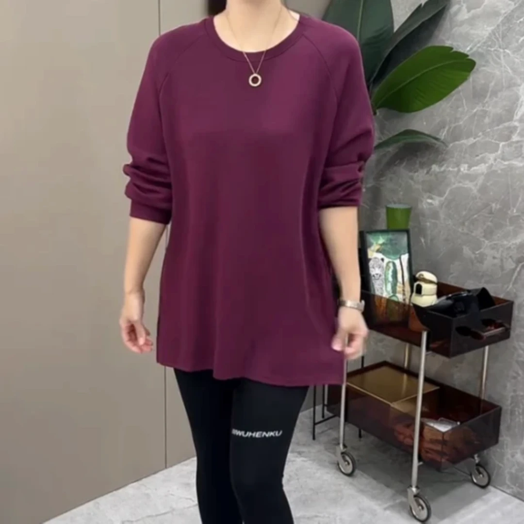 简约韩版新款净版中长款纯色长袖T恤秋2025打底上衣百搭遮肉T恤